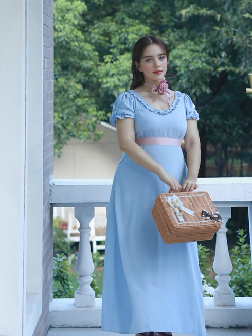 Light Blue Regency Era Dress with Pink Waist Ribbon and Puff Sleeves – Bridgerton Regency Era Dress Plus Size